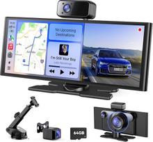 "Avylet" 10,26 colių 60FPS "CarPlay" ekranas su 4K/1080P 3 kanalų vaizdo įrašymu, suderinamas su "Apple CarPlay" / "Android Car", 64GB žemėlapiu, OTA atnaujinimais, GPS, "Mirror Link", valdymu balsu, "Bluetooth" / AUX / FM