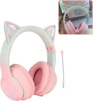 Gugxiom Cat Ear Headphones, Wireless Gaming Headsets via Bluetooth 5.1/3.5 mm AUX Cable, Foldable Headphones with 7-Colour LED Lights and 4 LED Modes for Girls (Pink)