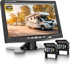 VECHTEL 2 x atbulinės eigos kameros kabelis su 7 colių TFT monitoriumi, parkavimo pagalba, 18 LED atbulinės eigos kameros naktinio matymo automobiliams/IP68 vandeniui atsparus visureigiams, sunkvežimiams, nameliams ant ratų, DC 12-24V, 10 m + 15 m kabelis