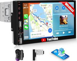 CAMECHO 7 colių HD jutiklinio ekrano automobilinis radijas su belaidžiu "CarPlay" ir "Android Car", 1 DIN "Carplay" radijas su "Bluetooth" GPS navigacija, "WiFi", FM, USB, AUX, C tipo + valdymas vairu