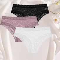 FINETOO 3Pcs Ladies' Sexy Lace Underwears Transparent Sexy Briefs Lace-Trimmed Comfortable Panties Cotton Breathable Crotch S