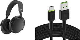 "Sennheiser Momentum 4" belaidės ausinės su "Bluetooth" ir žaliuoju kabeliu USB-A - USB-C tipo 1,2 m ilgio su LED apšvietimu įkrovimo kabelis juodas