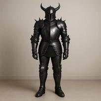 Gotikinio fantazijos riterio šarvai Juodo plieno kostiumas su raguotu šalmu Dėvimas Cosplay, Helovino kostiumas Kolekcininko šarvai