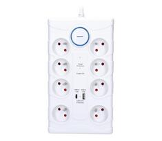 Solight PO80 - Pratęsimo laidas su jungikliu, 8 lizdų, tipas E + 1xUSB-A + 1xUSB-C, 2 m, baltas