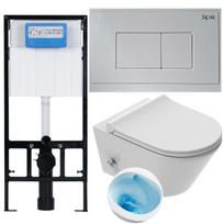 6-in-1 tualeto komplektas: VIBA Azul Tornado tualetas su bidė funkcija + SLIM sėdynė su minkštu uždarymu + paslėptas JAPAR Promicro rėmas su mygtuku, dvigubas 3/6 l nuleidimas