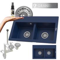 Dviejų dubenų granito virtuvės kriauklė Siphon chrom Duet Granitan mėlyna