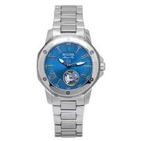 „Bulova Marine Star“ nerūdijančio plieno atvira širdelė, mėlynas ciferblatas, automatinis 98L317 100M moteriškas laikrodis mėlyna