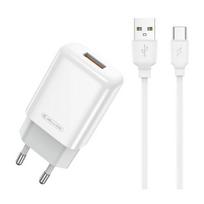 Jellico EU01 USB 12W universalus adaptyvus USB įkroviklis 1x USB 2.4A (5-12V) + USB-C laidas, baltas