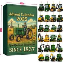 John Deere Advento kalendorius 2025, 2D plokščia akrilinė žemės ūkio technikos kolekcija su 24 traktorių papuošimais, vintažinio dizaino žaislas vaikams Kalėdų gimtadienio dovana žalia