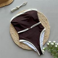 Brown Strapless Sexy Swimsuit Women One Piece Swimwear 2025 White Edge Metal Ring Belt High Cut Bathing Swimming Suit Monokini S ruda