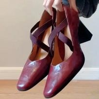 Elegant Cross-tied Chunky Heel Pumps Women Comfortable Square Toe Shallow Mouth Sandals Fashion Office Shoes Tacones Mujer 34 raudona