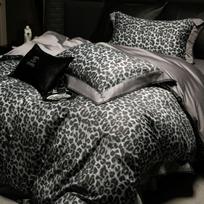 Luxury Bedding Set 1000TC Egyptian Cotton Queen King Size Grey Leopard Print Duvet Cover Set Flat/Fitted Bed Sheet Pillowcase Flat Bed Sheet&Queen Size 4pcs