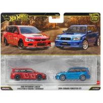 Hot Wheels Premium 2-pack Modeliukas Mitsubishi Lancer Evolution IX Wagon & Subaru Forester (CF blue) (yra Sandėlyje)