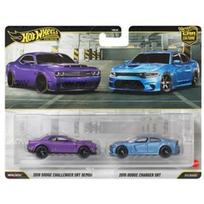 Hot Wheels Premium 2-pack Modeliukas 2018 Dodge Challenger Demon (chassis con) & 2015 Dodge Charger SRT, purple/blue (yra Sandėlyje)