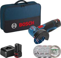 "Bosch" profesionalus akumuliatorinis kampinis šlifuoklis GWS 12V-76 (12 V sistema, 5 dalių separavimo ir šlifavimo diskų rinkinys, maišelyje), mėlynos spalvos, su 2 x 2,0 Ah akumuliatoriais