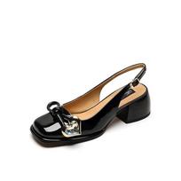 Madingos NAUJOS Vasarinės Moteriškos Basutės Lakuotos Odos Batai Moterims Kvadratiniu Pirštu Storapadžiai Batai Elegantiški Uždaru Pirštu Slingback Širdies Formos Basutės 34 juoda