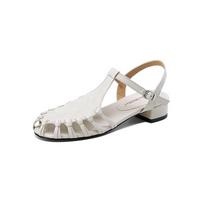 Mada NAUJI Vasariniai Moteriški Sandalai Natūralios Odos Batai Moterims Apvalus Priekis Stambaus Kulno Batai Elegantiški Uždaro Priekio Slingback Tuščiaviduriai Sandalai 34 smėlis