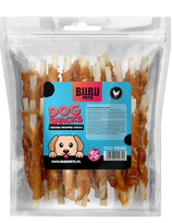 BUBU PETS šunų skanėstai – vištienos juostelės ant džiovintos odos lazdelių, 500 g.