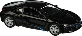KiNSMART BMW i8 juodas metalinis modelis 1:36 – atidaromos durelės, trauk-atgal, licencijuotas