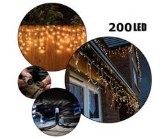200 LED 8 Metrai lempučių lauko girlianda Varvekliai su baltu laidu, Šiltai baltos spalvos Flash