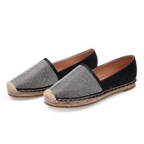 Madingi espadrilės kristaliniai kniedės slip-on mokasinai moteriški kanapių megztas uždengtas pirštas sekli mocasinai siuvimas auksinės/sidabrinės šiaudinės plokščiapadės avalynės 5 juoda