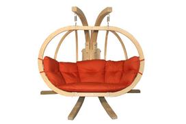 Dvivietis medinis pakabinamas krėslas su stovu SWING POD XL + raudonos spalvos pagalvė