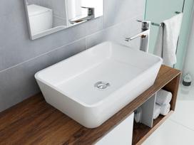 Akmens masės pastatomas praustuvas Marble+ Parma ir baltas praustuvo maišytuvas APURE Omnires