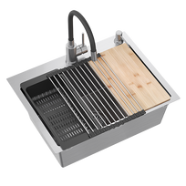 Virtuvės plautuvė su sifonu, 1 dubuo b/o + Qmat + įdėklas + dozatorius + medinė lenta + maišytuvas su lanksčiu plieniniu snapeliu Quadron LUKE 110 WORKSTATION, ZH5845BS_3323503BL