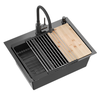 Virtuvės plautuvė su sifonu, 1 dubuo b/o + Qmat + įdėklas + dozatorius + medinė lenta + maišytuvas su lanksčiu plieniniu snapeliu Quadron LUKE 110 WORKSTATION, ZH5845PVDBLM_3323503PVDBLM
