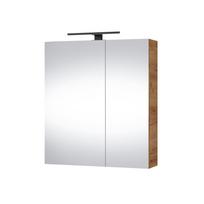 Pakabinama vonios spintelė su dviem veidrodinėm durelėm, LED šviestuvėliu ir kištukiniu lizdu Riva SV60C-2, Gold Craft Oak