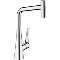 Virtuvė (plautuvės) maišytuvas su ištraukiamu snapu HANSGROHE Metris Select M71, chromo plunksnos, dviejų srovių, 73816000