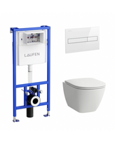 Potinkinis unitazo rėmas LAUFEN 4 in 1, mygtukas baltas + pakabinamas unitazas LAUFEN Lua Rimless su softclosing dangčiu