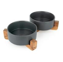 Keramikiniai dubenėliai su mediniu stovu 15cm/0,8L (juodi)