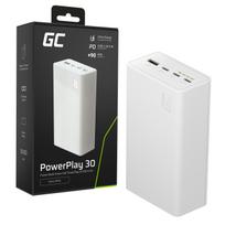 Greencell PowerPlay 30 – balta išorinė baterija, kurios talpa 30 000 mAh, 22.5 W, 4 prievadai