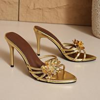Fashion Temperament Flower Flip-flops Summer New Round Toe Open Toe Thin Strap Non-slip Wear-resistant High Heels 34