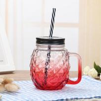 Kūrybingas Mason stiklainis Gradientinis stiklinis gėrimų puodelis su ananasu, su dangteliu, šiaudeliu, rankena 401-500ml