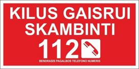 Informacinis lipdukas ''KILUS GAISRUI SKAMBINTI'' ženklas 75x150mm
