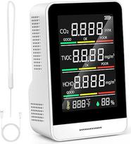 "5-in-1" patalpų oro kokybės monitorius, oro taršos monitorius su CO2, HCHO, TVOC, temperatūra ir drėgme, realaus laiko duomenų įrašymas, kompaktiškas, nešiojamas