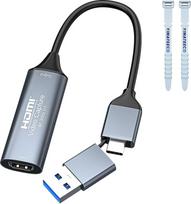 YIMATEECO USB 3.0 HDMI į USB C garso įrašymo kortelė, 4K 1080P HDMI įrašymo kortelė su C tipo adapterio įrenginiais, skirta žaidimų tiesioginiam perdavimui, vaizdo įrašymui, suderinama su "Windows MacOs" (pilka)