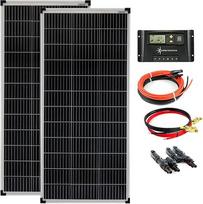 "SOLARTRONICS" komplektas: 2 x 100 W monokristalinis saulės modulis + 20 A įkrovimo valdiklis + PV kabelis + saulės Y jungtis