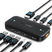 "Lemorele" KVM jungiklis USB C 2 PC 1 monitorius 4K @ 60Hz, USB-C KVM jungiklis 2 in 1 Out su 4 USB prievadais (3 x USB-A + 1 x C tipo) pelei, klaviatūrai, nešiojamam kietajam diskui, USB atmintinėms ir kt., palaiko PD 100 W
