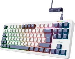 GXTrust 872 Xyra Gasket TKL mechaninė klaviatūra QWERTZ išdėstymo, "Hot-Swap" kreminės spalvos žaidimų klaviatūra 80%, USB kabelis, programuojamas RGB apšvietimas, 5 kontaktų "Leobog Linear" 60 m jungikliai žaidėjams, balta