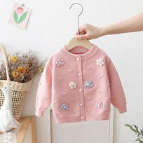 Girls' Knitted Cardigan Sweater for Spring/autumn Season – A Stylish Floral-patterned Outerwear for Little Girls. 130cm rožinė