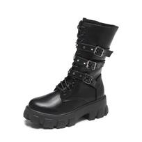 Women's Thick-Soled Round-Toe Martin Boots with Buckle - Autumn/Winter, Plus Velvet, Large Sizes Available Size 36 juoda