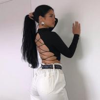 Moterims Medvilniniai Atviri Seksualūs Marškinėliai Suvarstomi Nugaroje Be Nugaros Ilgomis Rankovėmis Viršutiniai Drabužiai Harajuku Prigludę Kūną Apimantys Gatvės Stiliaus Megzti L juoda