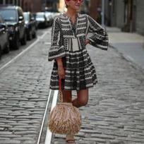 Moteriška vasarinė paplūdimio šifono suknelė Laisvalaikio ilgomis rankovėmis taškuota suknelė Boho mini suknelė vakarėliui Elegantiška V formos kaklo vasarinė suknelė XXXL juoda