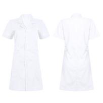 Ligoninės laboratorinis chalatas uniforma S-XXL moterims suaugusiems - Vienspalvė šveitinių suknelė su atlapiniu kaklu, trumpomis rankovėmis ir užsegama sagomis priekyje S balta