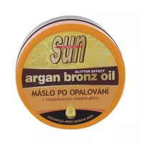 Saulės argano bronzinis aliejus po saulės su šviesinančiais auksiniais blizgučiais