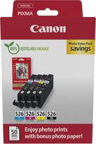 "Canon" CLI-526 originalios rašalo kasetės, 4 vnt. (juoda, žydra, purpurinė, geltona); įskaitant 50 lapų 4x6 "Canon" fotopopieriaus - kartoninė pakuotė