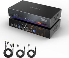 "TESmart 4K@60Hz Thunderbolt 4" KVM jungiklis 2 monitoriams 2 kompiuteriams, HDMI DisplayPort KVM jungiklis 1 nešiojamajam kompiuteriui (TB4 USB C su 60 W įkrovimu) ir 1 staliniam kompiuteriui (HDMI 2.0 ir DP1.2), Gigabitinis tinklas, EDID